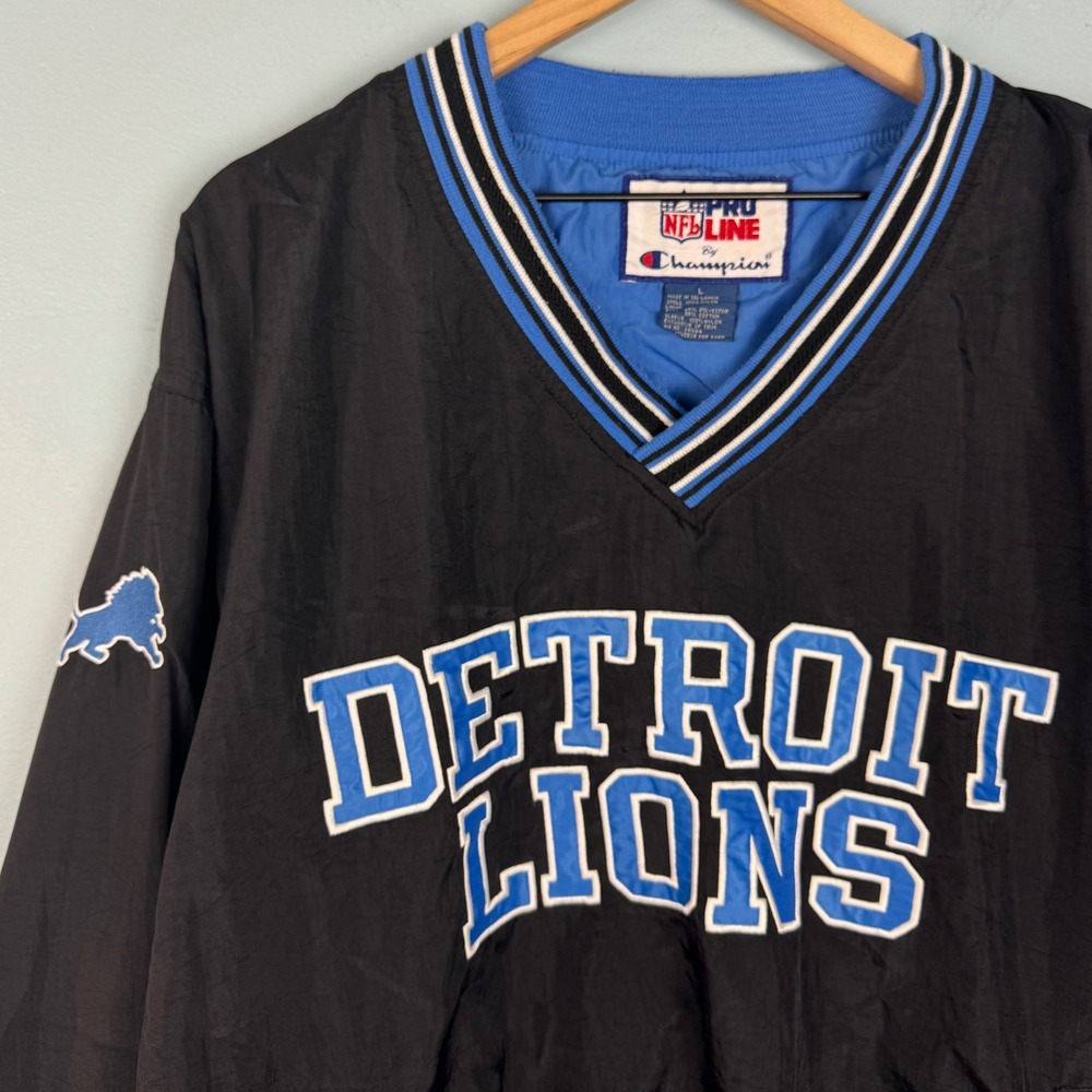 VTG NFL Pro Line Champion Detroit Lions Mens Large Black Windbreaker Pullover